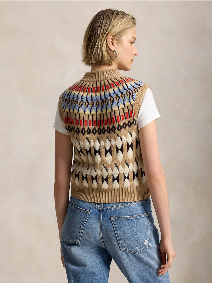 RALPH LAUREN WOMEN Geo-Motif Wool-Cashmere Mockneck Camel Multi