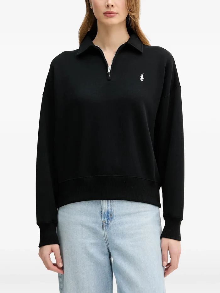 RALPH LAUREN WOMEN Knit Half Zip Sweatshirt Black - MAISONDEFASHION.COM