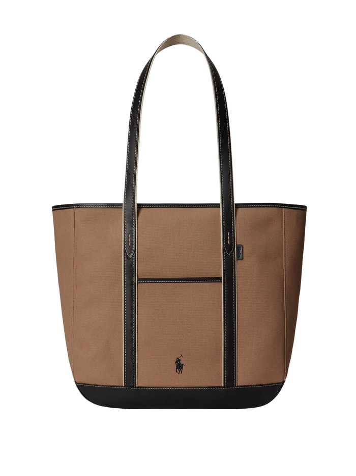 RALPH LAUREN WOMEN Leather-Trim Canvas Medium Shopper Tote Porcelain/Black
