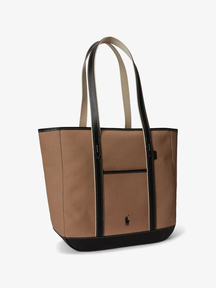 RALPH LAUREN WOMEN Leather-Trim Canvas Medium Shopper Tote Porcelain/Black