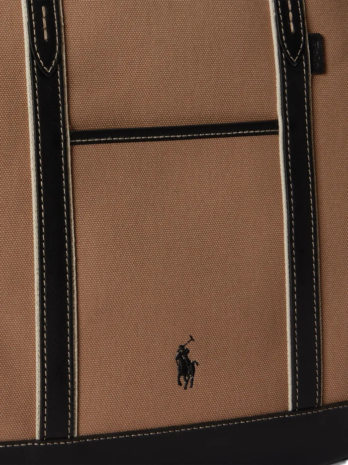 RALPH LAUREN WOMEN Leather-Trim Canvas Medium Shopper Tote Porcelain/Black