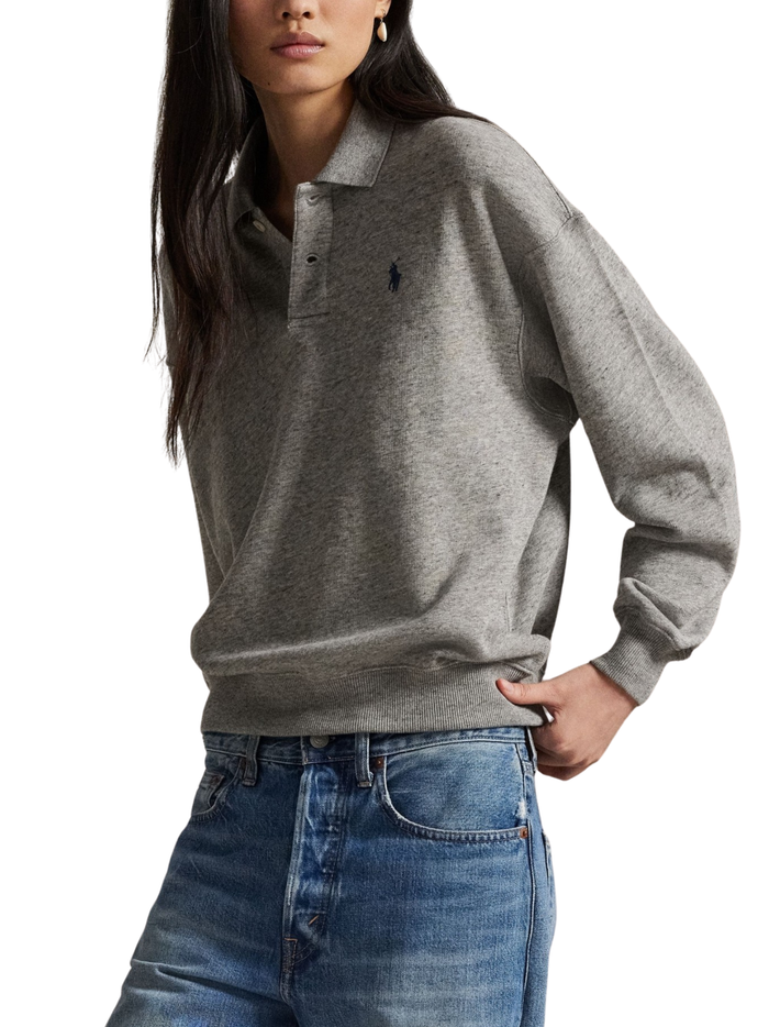 RALPH LAUREN WOMEN Lightweight Fleece Long-Sleeve Polo Dark Vintage Heather