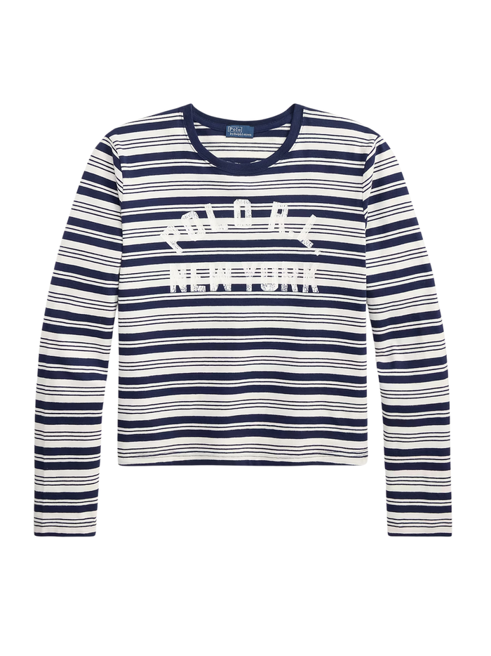 RALPH LAUREN WOMEN Logo Striped Jersey Long-Sleeve Tee Newport Navy/Nevis