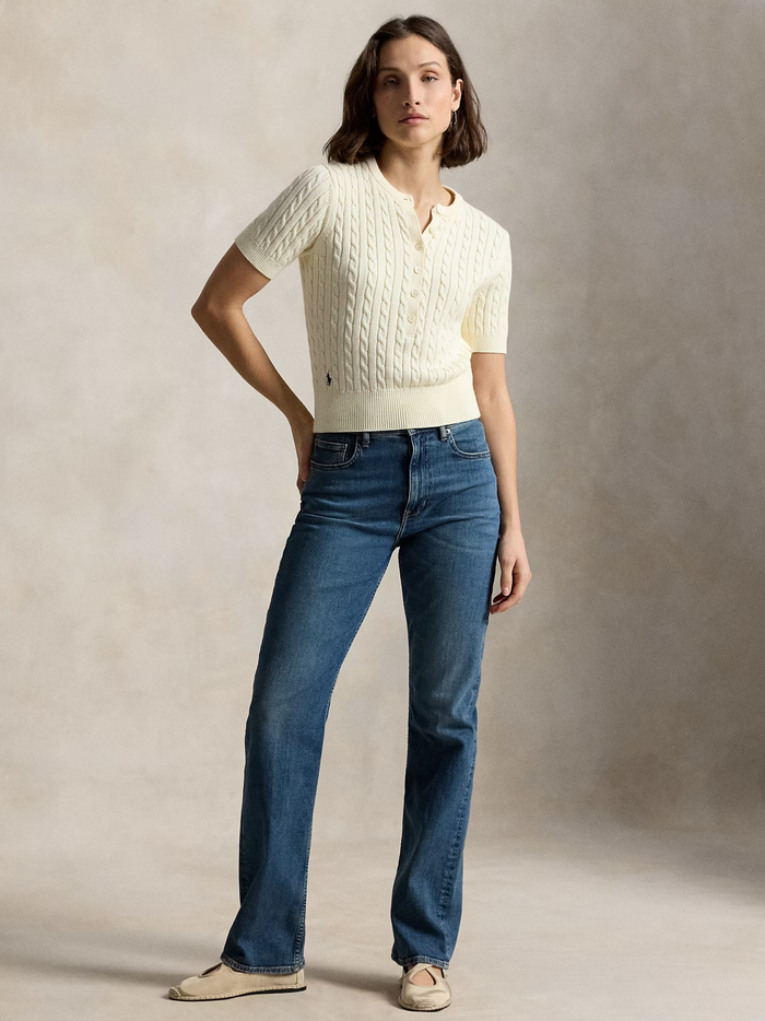 RALPH LAUREN WOMEN Mini-Cable Short-Sleeve Henley Jumper Clubhouse Cream