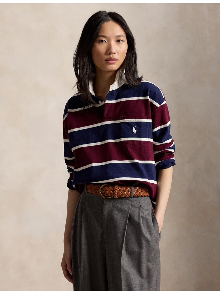 RALPH LAUREN WOMEN Oversize Cotton Rugby Shirt Harvard Wine Multi