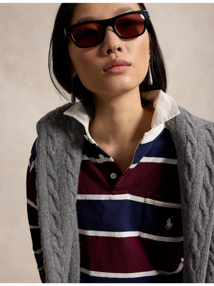 RALPH LAUREN WOMEN Oversize Cotton Rugby Shirt Harvard Wine Multi