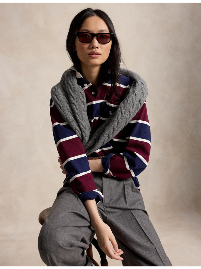 RALPH LAUREN WOMEN Oversize Cotton Rugby Shirt Harvard Wine Multi