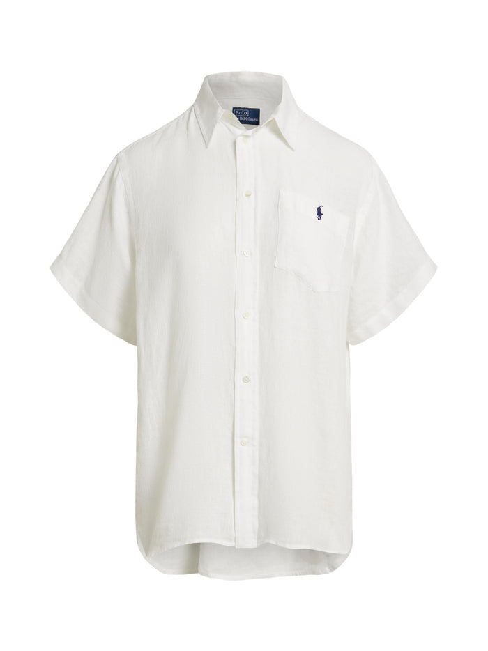 RALPH LAUREN WOMEN Oversized Fit Linen Short-Sleeve Shirt Classic Oxford White
