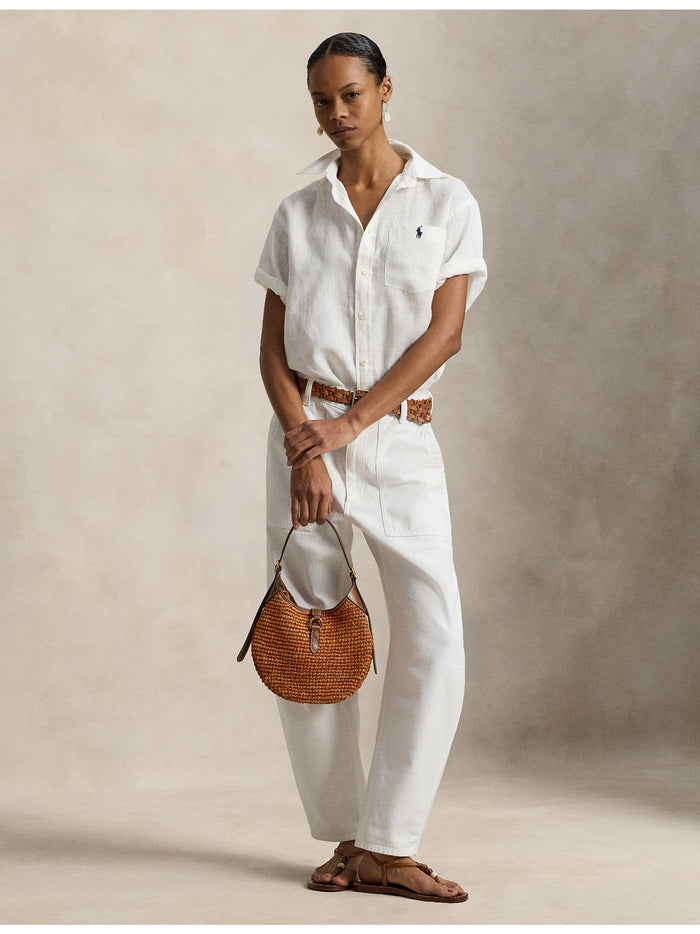 RALPH LAUREN WOMEN Oversized Fit Linen Short-Sleeve Shirt Classic Oxford White