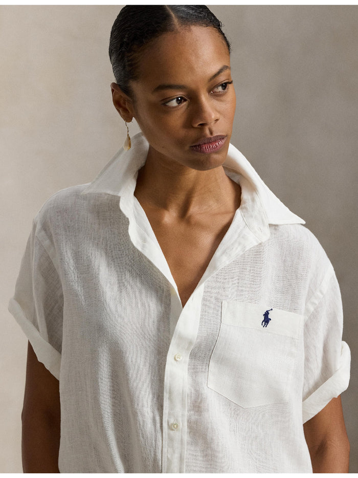 RALPH LAUREN WOMEN Oversized Fit Linen Short-Sleeve Shirt Classic Oxford White