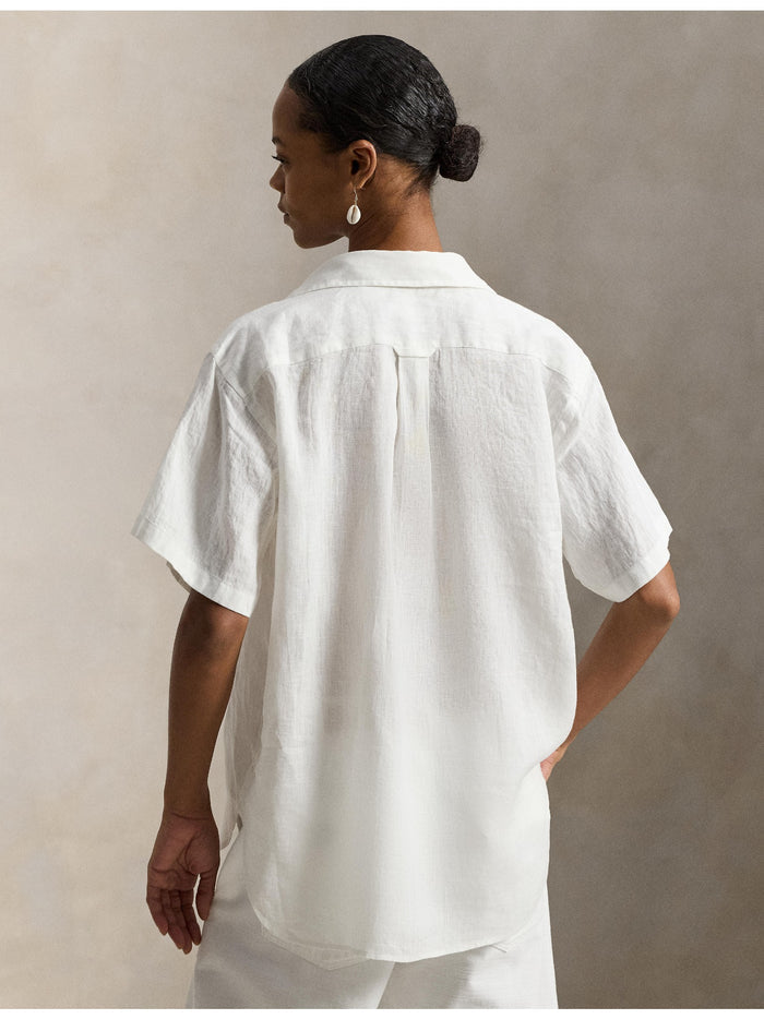 RALPH LAUREN WOMEN Oversized Fit Linen Short-Sleeve Shirt Classic Oxford White
