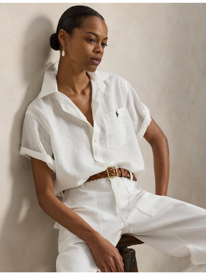 RALPH LAUREN WOMEN Oversized Fit Linen Short-Sleeve Shirt Classic Oxford White