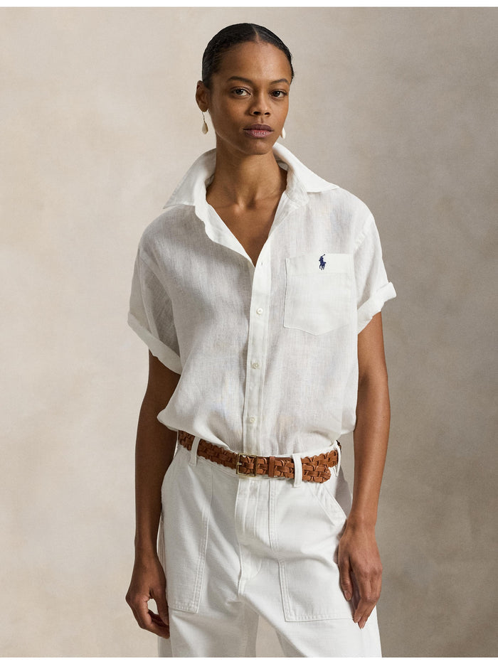 RALPH LAUREN WOMEN Oversized Fit Linen Short-Sleeve Shirt Classic Oxford White