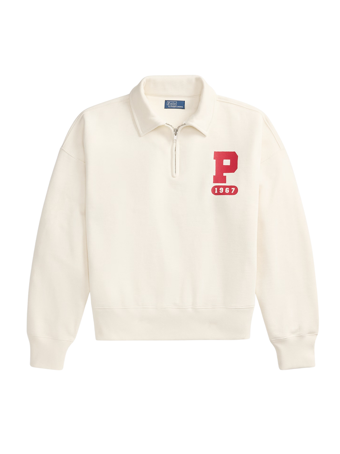 RALPH LAUREN WOMEN “P” Logo Slub Fleece Quarter-Zip Warm White