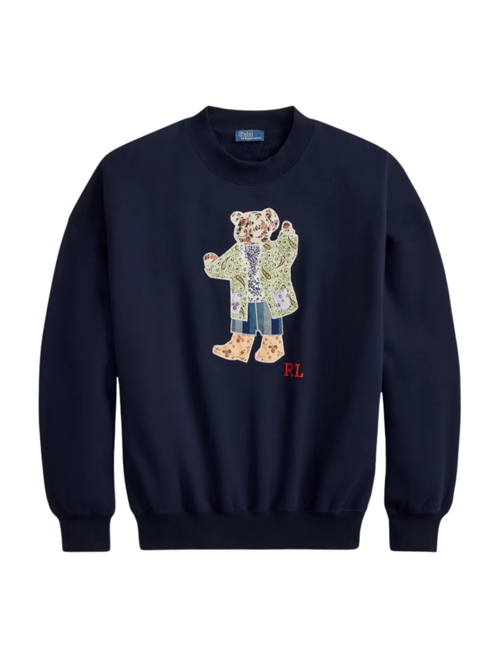 RALPH LAUREN WOMEN Patchwork Polo Bear Fleece Crewneck Hunter Navy