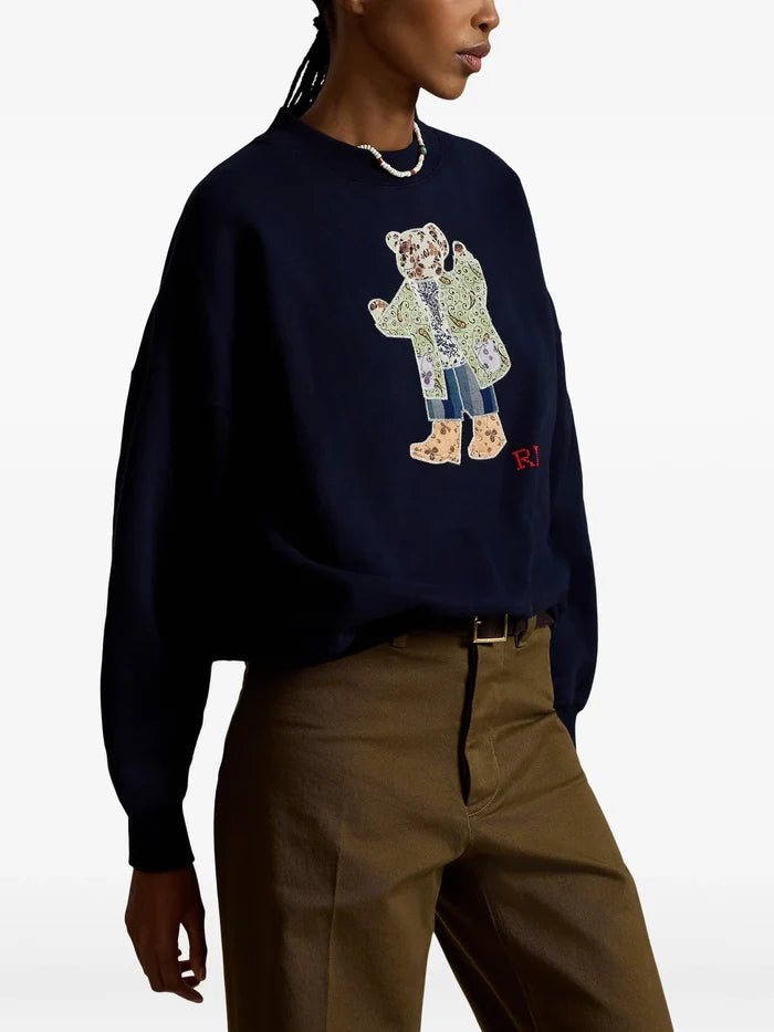 RALPH LAUREN WOMEN Patchwork Polo Bear Fleece Crewneck Hunter Navy