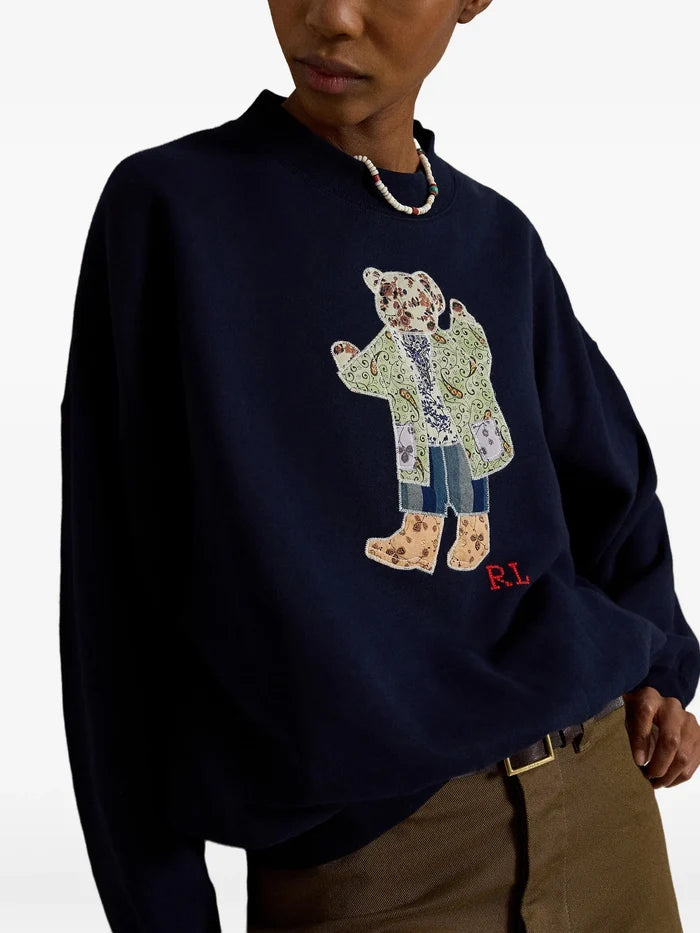 RALPH LAUREN WOMEN Patchwork Polo Bear Fleece Crewneck Hunter Navy