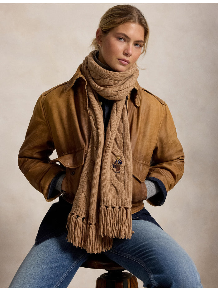 RALPH LAUREN WOMEN Polo Bear Cable-Knit Scarf Classic Camel