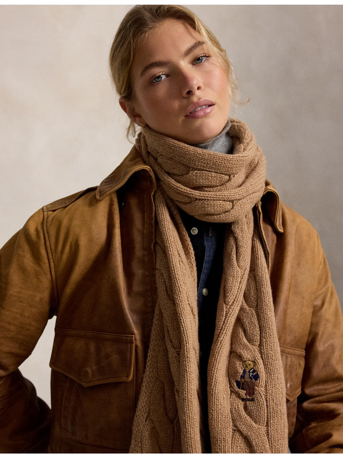 RALPH LAUREN WOMEN Polo Bear Cable-Knit Scarf Classic Camel