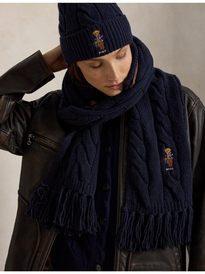 RALPH LAUREN WOMEN Polo Bear Cable-Knit Scarf Navy