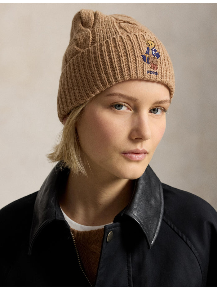 RALPH LAUREN WOMEN Polo Bear Cable Wool-Blend Beanie Classic Camel