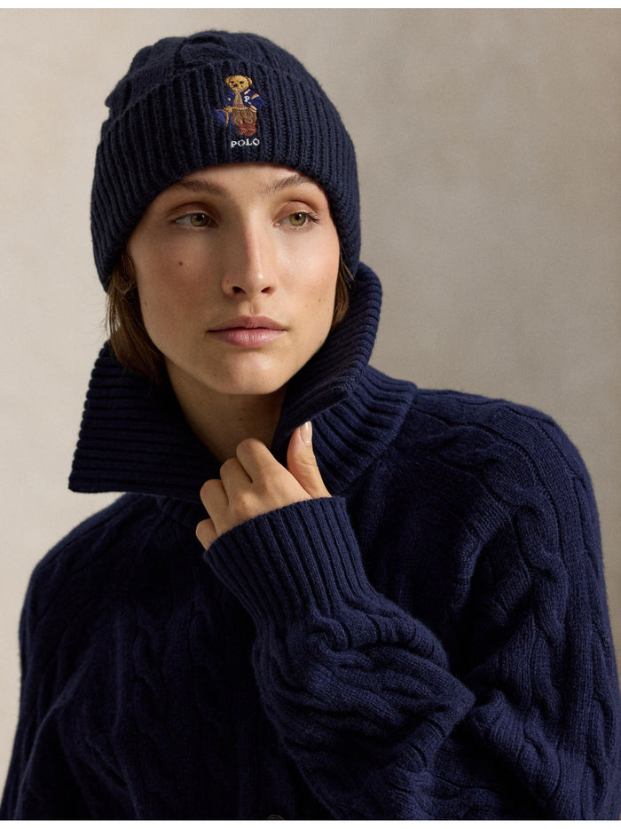 RALPH LAUREN WOMEN Polo Bear Cable Wool-Blend Beanie Navy