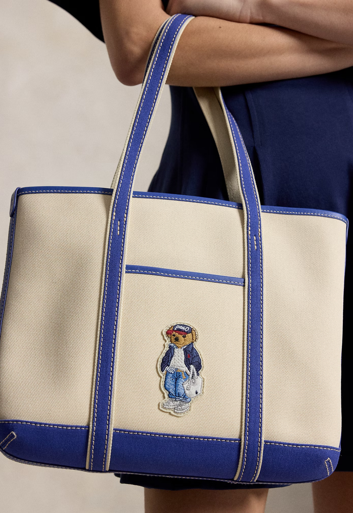 RALPH LAUREN WOMENS Polo Bear Canvas Small Shopper Tote Ecru/Indigo Sky - MAISONDEFASHION.COM