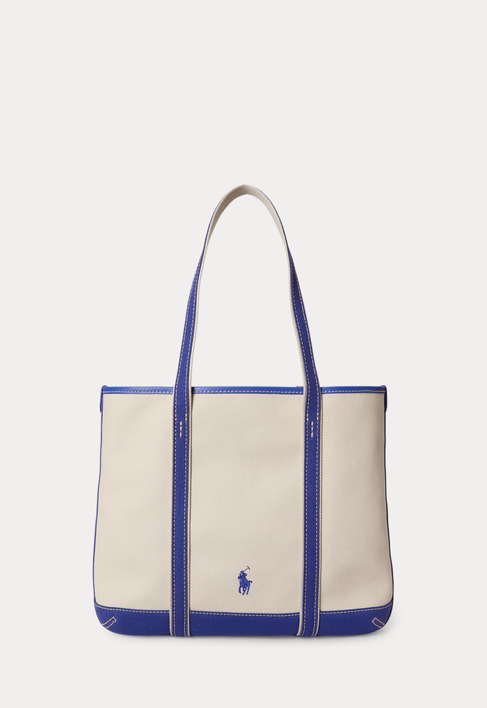 RALPH LAUREN WOMENS Polo Bear Canvas Small Shopper Tote Ecru/Indigo Sky - MAISONDEFASHION.COM