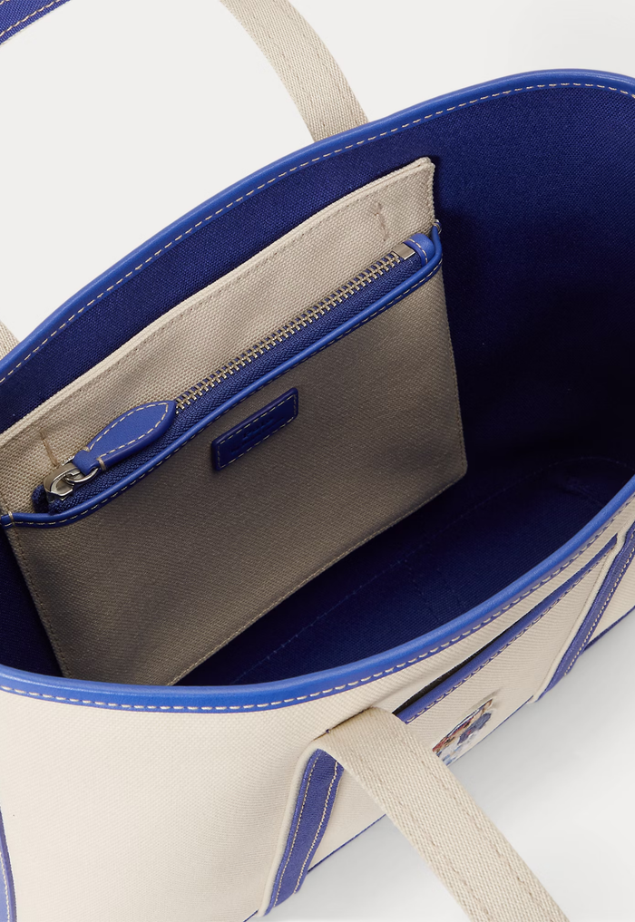 RALPH LAUREN WOMENS Polo Bear Canvas Small Shopper Tote Ecru/Indigo Sky - MAISONDEFASHION.COM