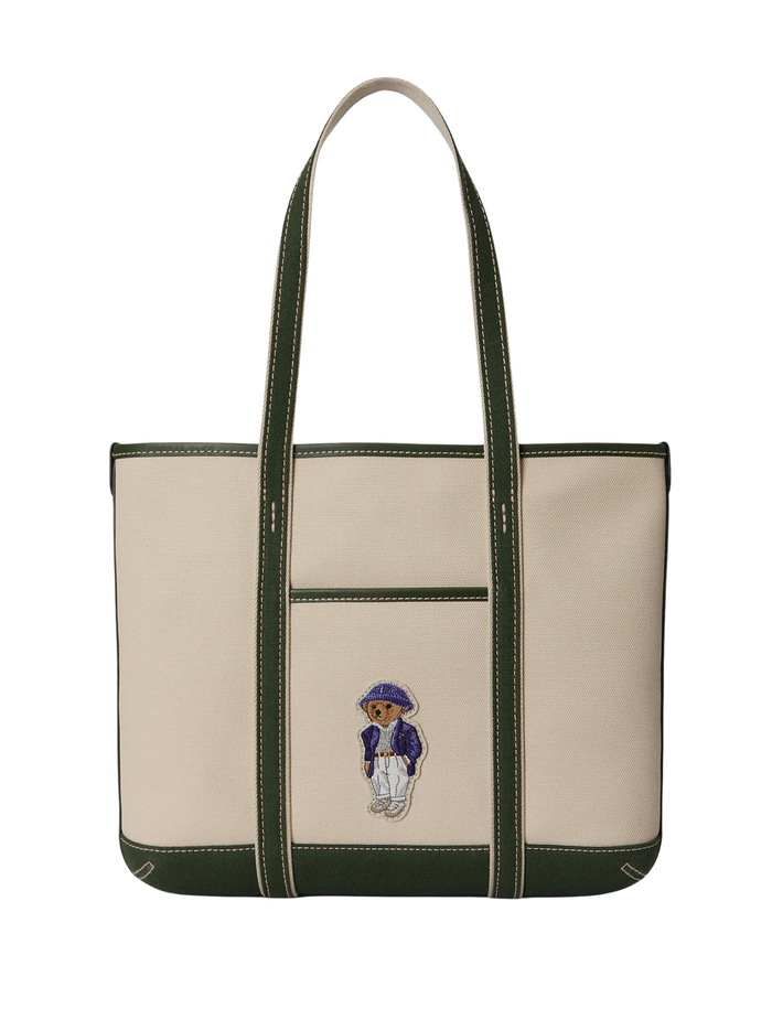 RALPH LAUREN WOMEN Polo Bear Canvas Small Shopper Tote Ecru/Juniper