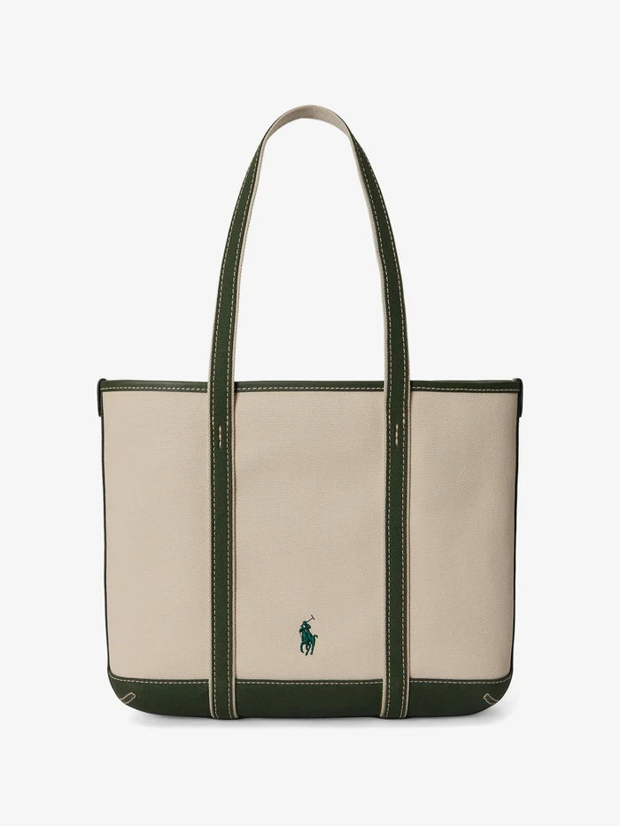 RALPH LAUREN WOMEN Polo Bear Canvas Small Shopper Tote Ecru/Juniper