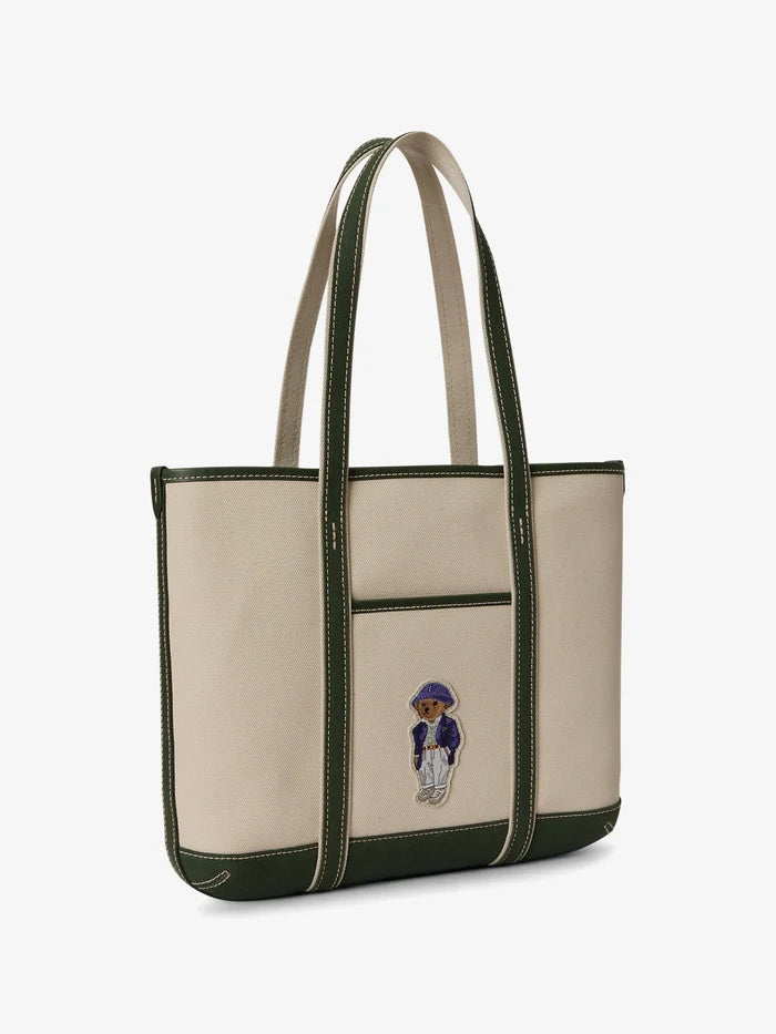 RALPH LAUREN WOMEN Polo Bear Canvas Small Shopper Tote Ecru/Juniper