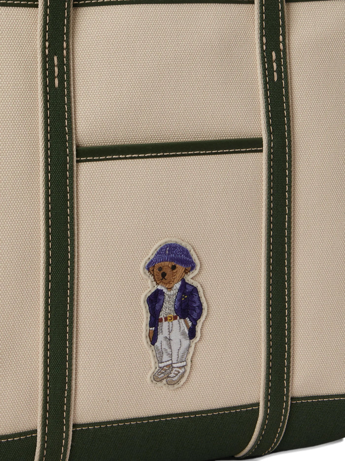 RALPH LAUREN WOMEN Polo Bear Canvas Small Shopper Tote Ecru/Juniper