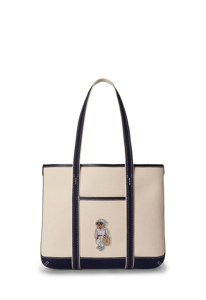 RALPH LAUREN WOMENS Polo Bear Canvas Small Shopper Tote Ecru/Newport Navy - MAISONDEFASHION.COM