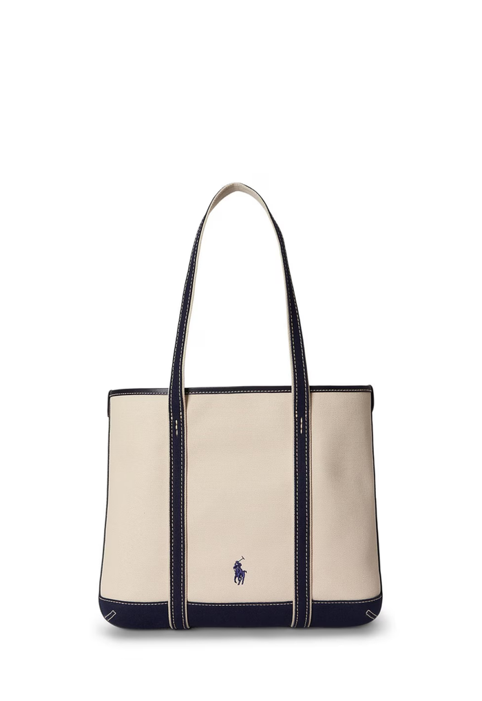 RALPH LAUREN WOMENS Polo Bear Canvas Small Shopper Tote Ecru/Newport Navy - MAISONDEFASHION.COM