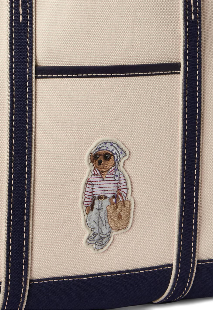 RALPH LAUREN WOMENS Polo Bear Canvas Small Shopper Tote Ecru/Newport Navy - MAISONDEFASHION.COM