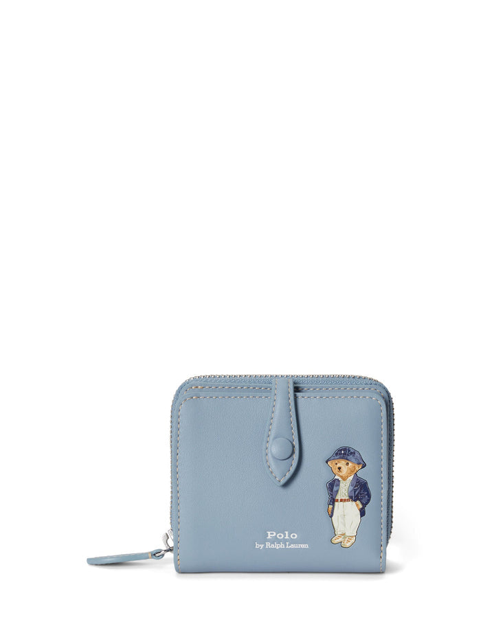 RALPH LAUREN WOMEN Polo Bear Leather Compact Wallet Faded Denim
