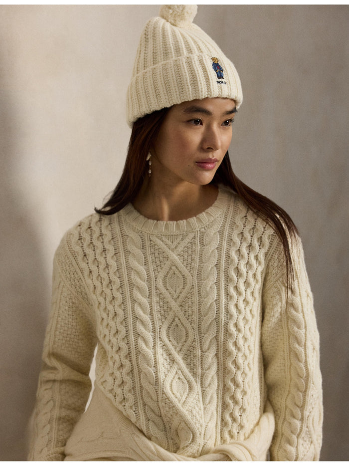 RALPH LAUREN WOMEN Polo Bear Rib Pom-Pom Beanie Cream