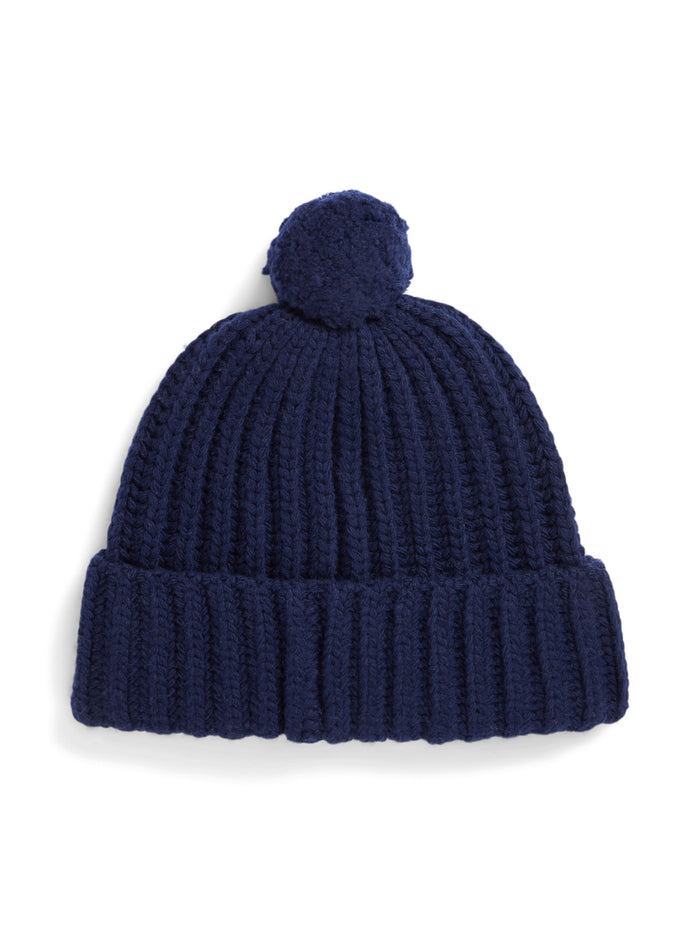 RALPH LAUREN WOMEN Polo Bear Rib Pom-Pom Beanie Hunter Navy