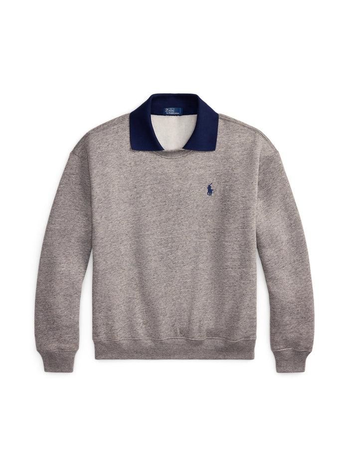 RALPH LAUREN WOMEN Polo-Collar Fleece Crewneck Dark Vintage Heather