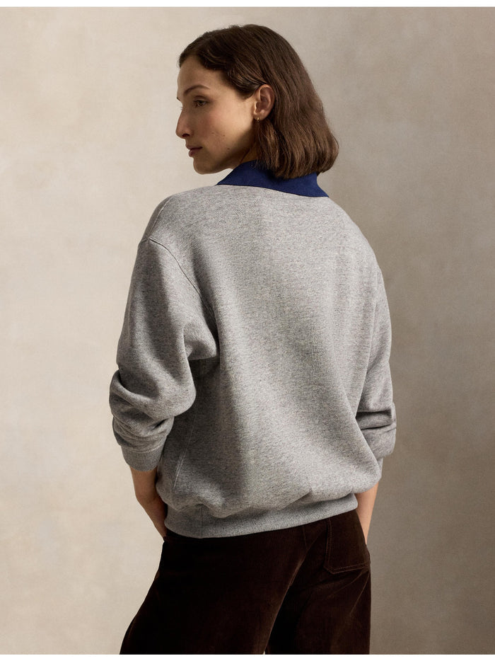 RALPH LAUREN WOMEN Polo-Collar Fleece Crewneck Dark Vintage Heather