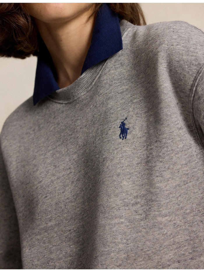 RALPH LAUREN WOMEN Polo-Collar Fleece Crewneck Dark Vintage Heather