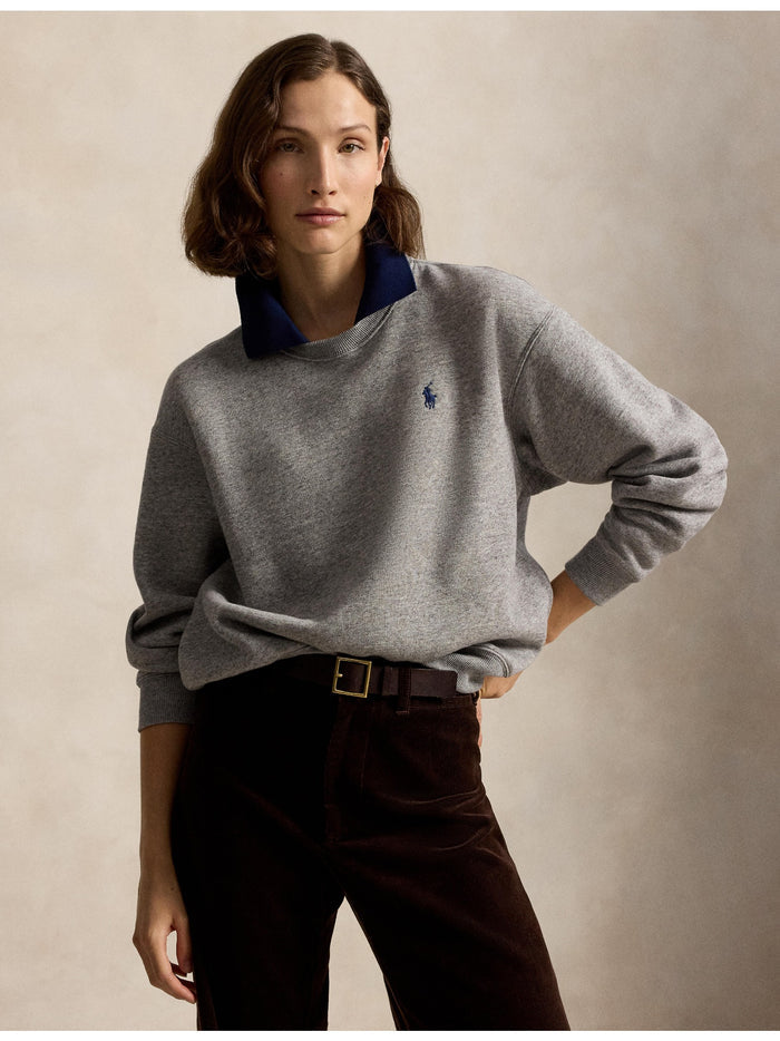 RALPH LAUREN WOMEN Polo-Collar Fleece Crewneck Dark Vintage Heather