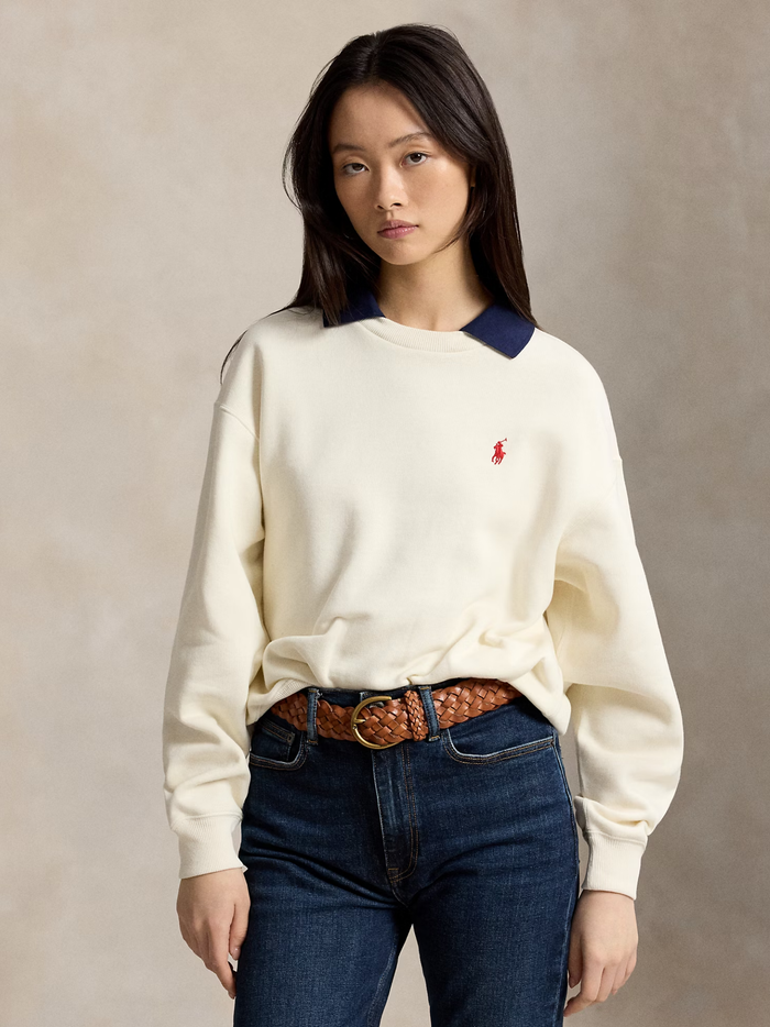 RALPH LAUREN WOMEN Polo-Collar Fleece Crewneck Warm White