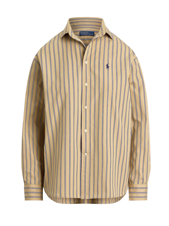 RALPH LAUREN WOMEN Relaxed Fit Striped Cotton Shirt Tan Royal Multi