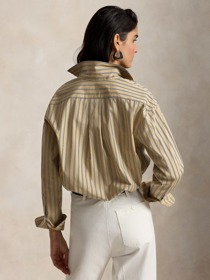 RALPH LAUREN WOMEN Relaxed Fit Striped Cotton Shirt Tan Royal Multi