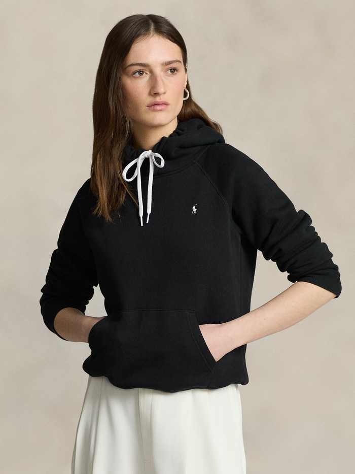 RALPH LAUREN WOMEN Shrunken Fit Fleece Hoodie Polo Black - MAISONDEFASHION.COM