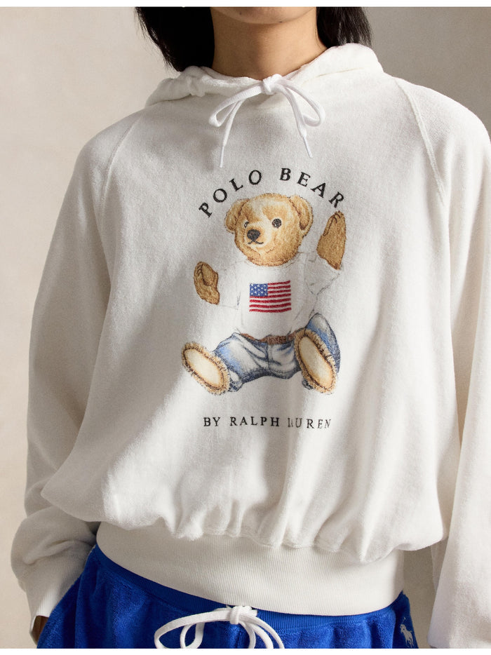 RALPH LAUREN WOMEN Shrunken Fit Polo Bear Terry Hoodie White