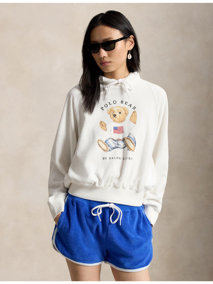 RALPH LAUREN WOMEN Shrunken Fit Polo Bear Terry Hoodie White