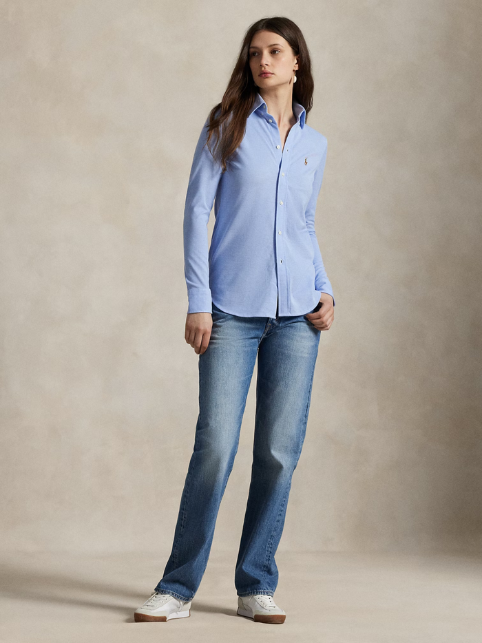 RALPH LAUREN WOMEN Slim Fit Knit Cotton Oxford Shirt Blue - MAISONDEFASHION.COM